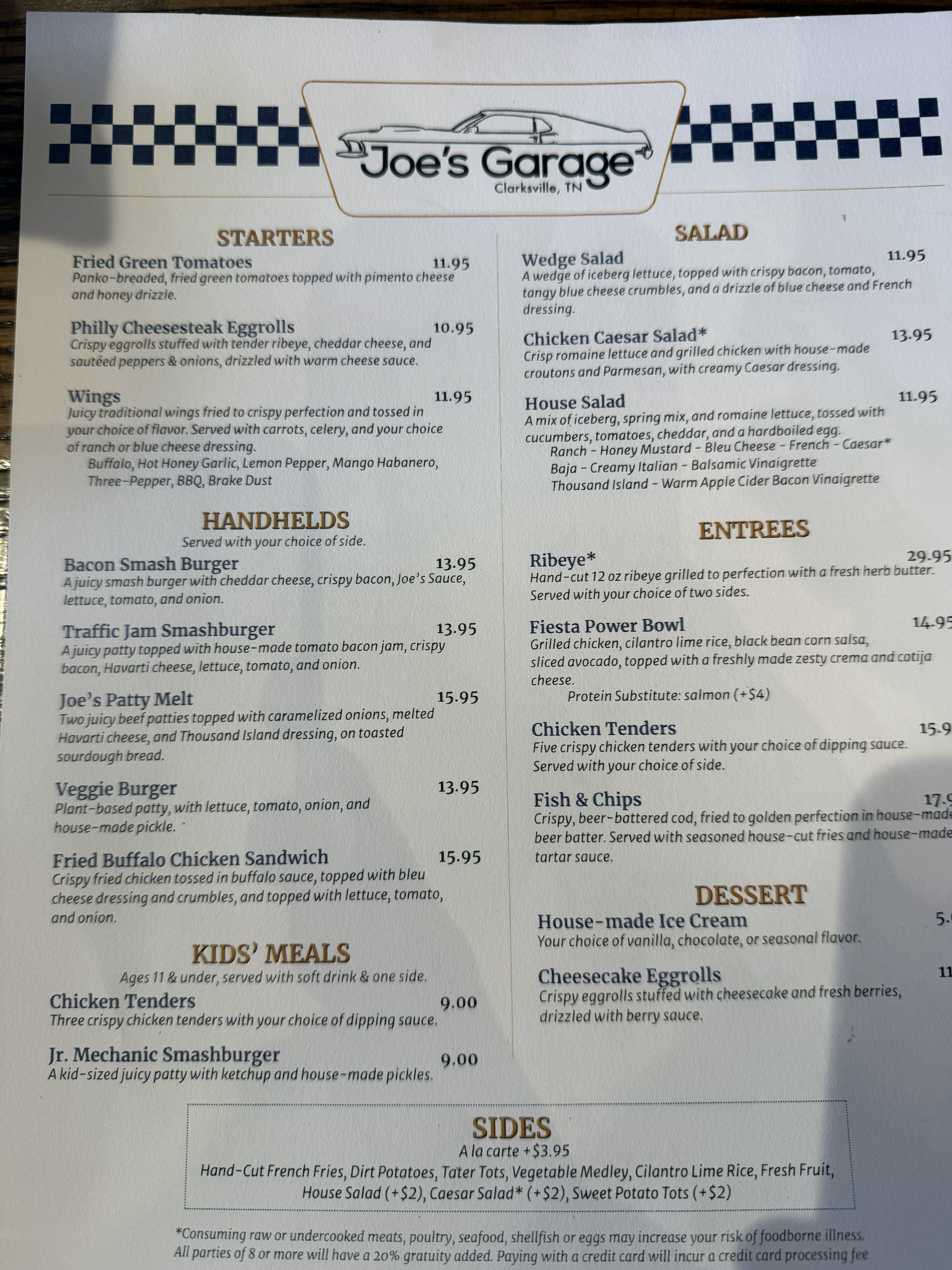 Joe's Garage Menu